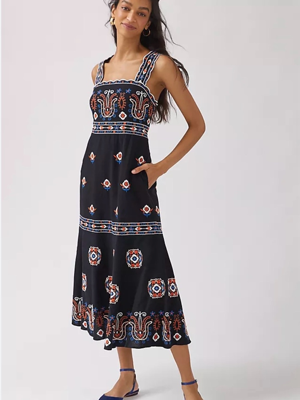 Anthropologie Black Midi Dress with Blue and Orange Embroidery *brand new